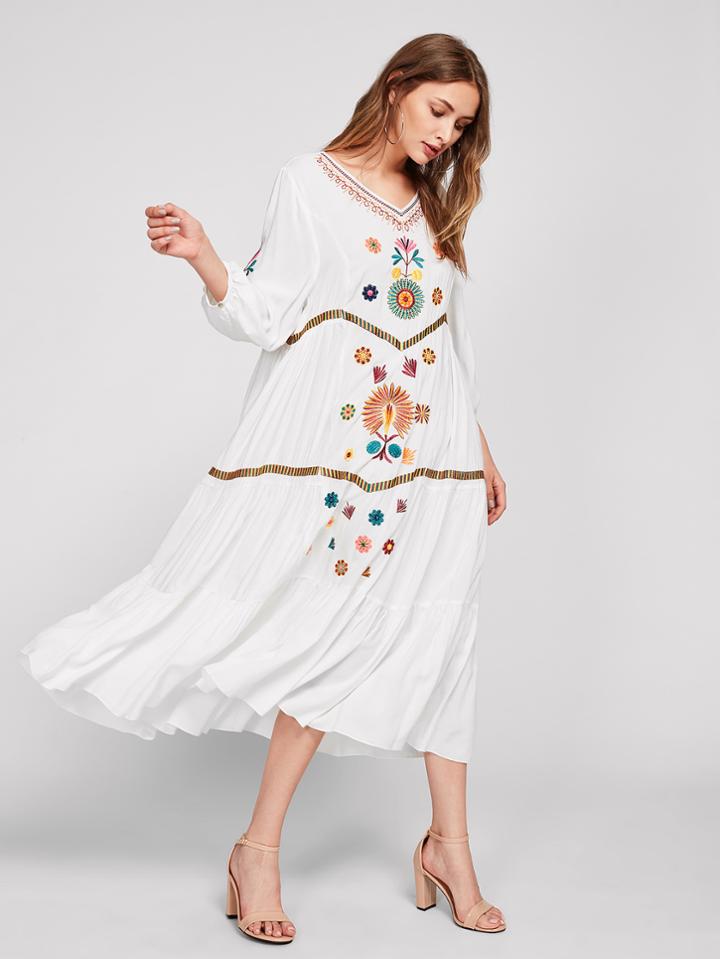 Shein Lantern Sleeve Embroidered Tiered Dress