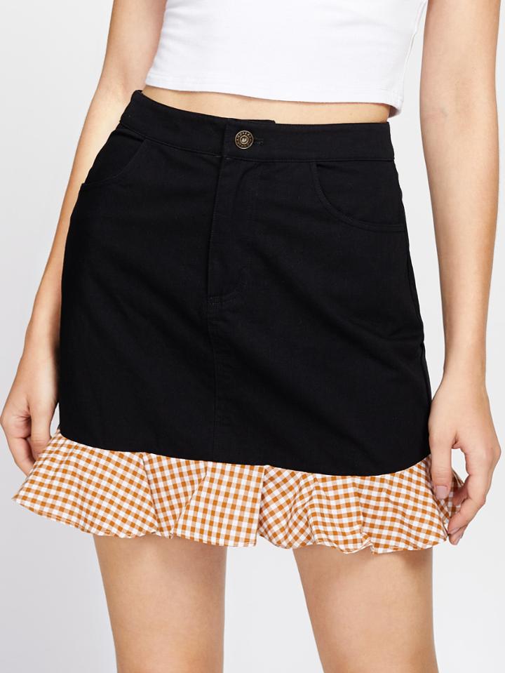 Shein Gingham Ruffle Trim Zip Fly Skirt