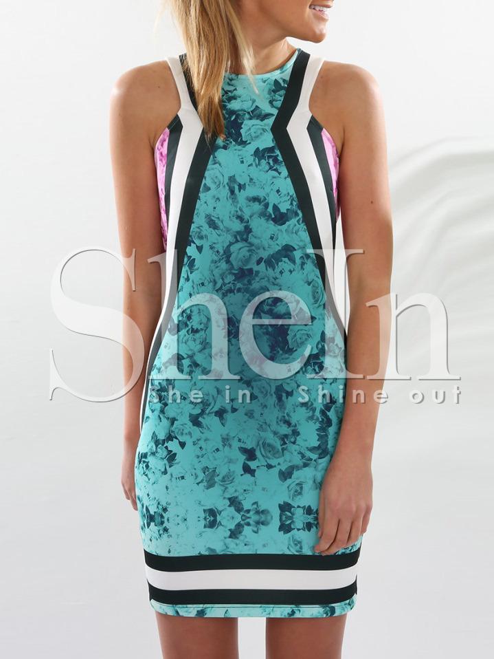 Shein Green Sleeveless Floral Zipper Dress