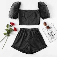 Shein Frill Trim Sheer Mesh Sleeve Top With Shorts
