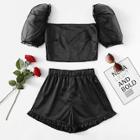 Shein Frill Trim Sheer Mesh Sleeve Top With Shorts