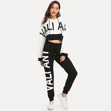 Shein Drop Shoulder Letter Crop Hoodie And Sweatpants Set
