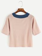 Shein Pink Contrast Neck Elbow Sleeve Sweater