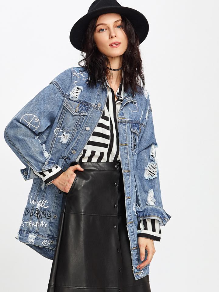 Shein Distressed Graffiti Denim Trucker Jacket