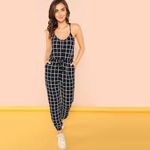 Shein Slant Pocket Knot Plaid Cami Jumpsuit