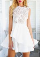 Rosewe Round Neck White Lace Splicing Layered Dress