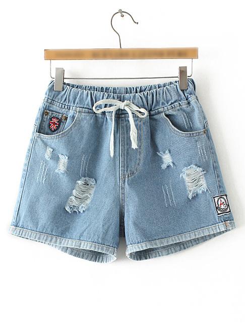 Shein Blue Elastic Tie Waist Ripped Hole Shorts