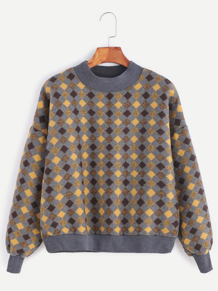 Shein Contrast Ribbed Trim Geometric Print Drop Shoulder Sweatshirt