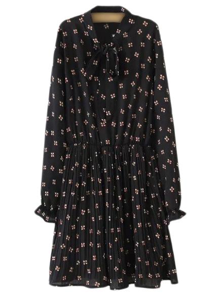 Shein Black Long Sleeve Tie Neck Bow Print Dress