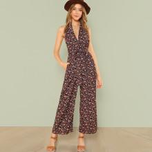 Shein Daisy Print Wide Leg Halter Jumpsuit