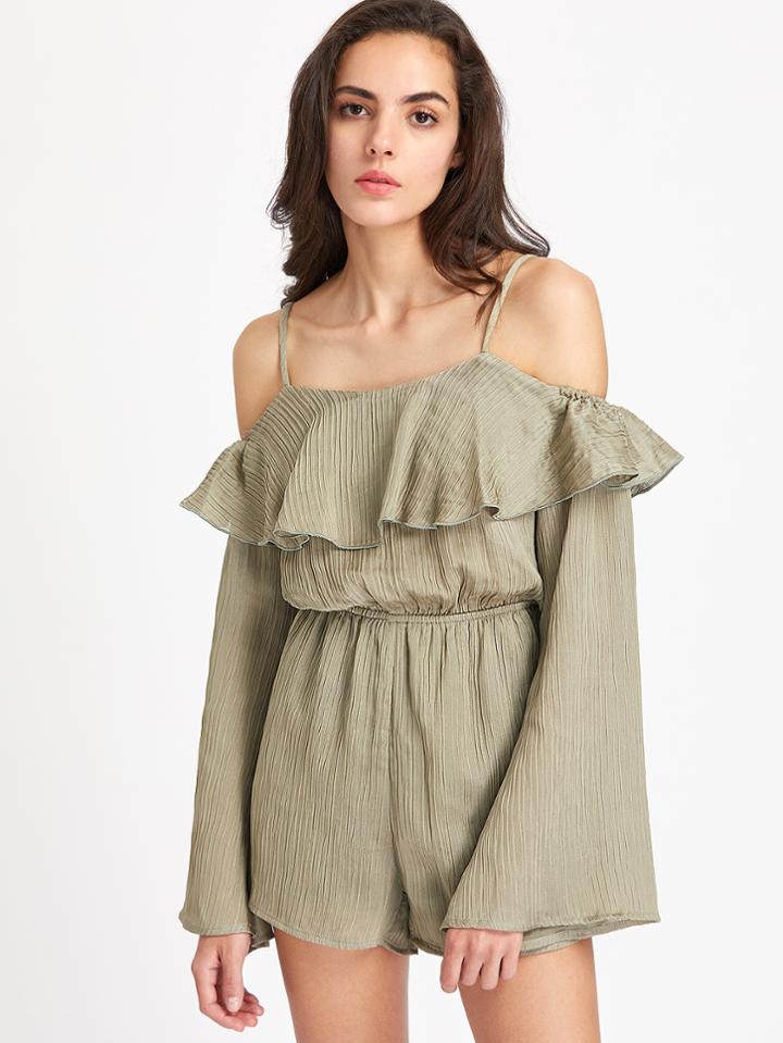Shein Flounce Cold Shoulder Fluted Sleeve Blouson Playsuit