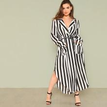 Shein Plus V Cut Neck Tie Waist Split Side Striped Dress