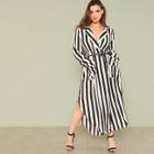 Shein Plus V Cut Neck Tie Waist Split Side Striped Dress
