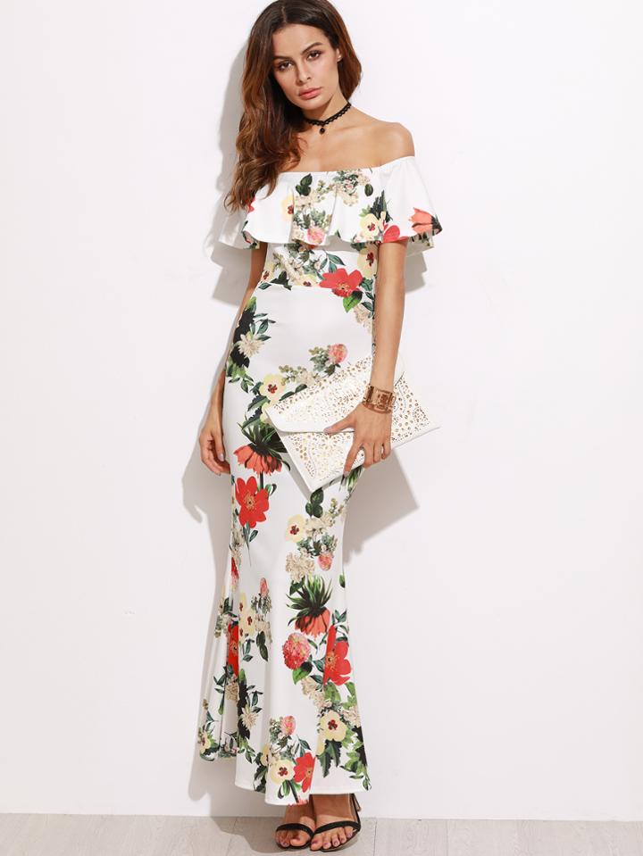 Shein White Flower Print Off The Shoulder Slit Back Fishtail Dress