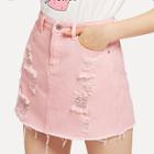Shein Distressed Denim Skirt In Washed Pink