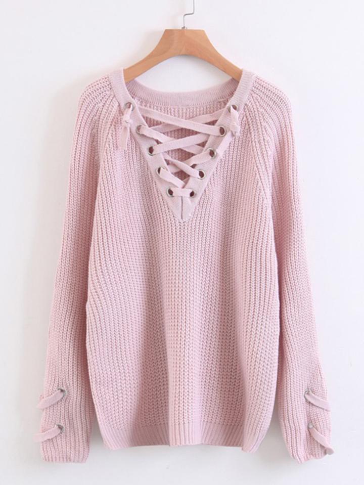 Shein Lace Up V Neckline Raglan Sleeve Sweater