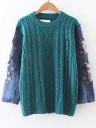 Shein Blue Cable Knit Sequin Ripped Denim Sleeve Sweater