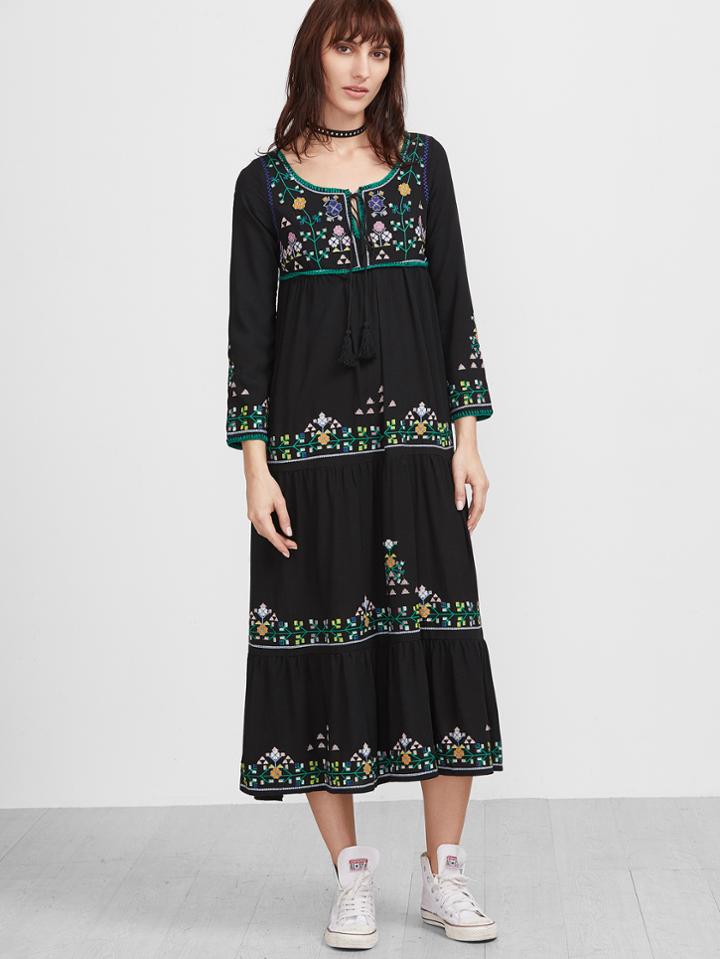 Shein Black Embroidery Tassel Tie Neck Tiered Dress