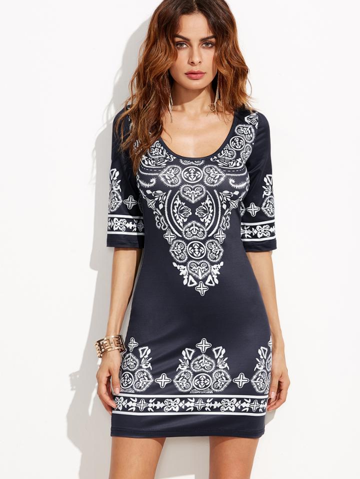 Shein Scoop Neck Vintage Print Bodycon Dress