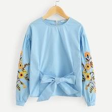 Shein Girls Knot Front Keyhole Back Embroidered Top