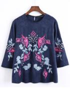 Shein Navy Embroidered Suede Blouse