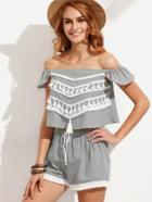 Shein Grey Tassel Off The Shoulder Top With Tie Waist Shorts