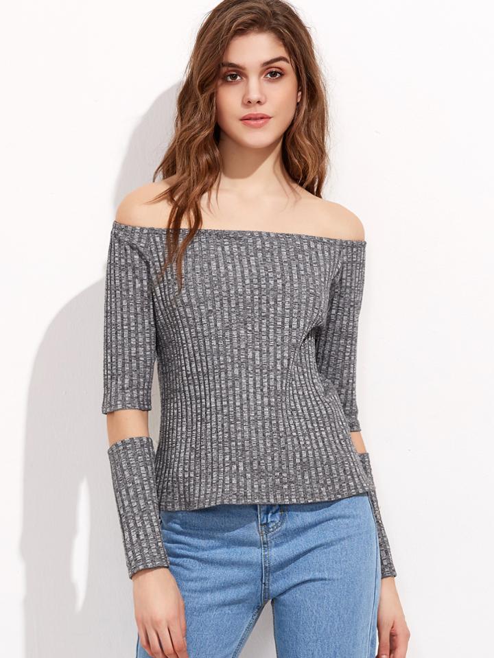 Shein Grey Marled Off The Shoulder Ribbed T-shirt With Detachable Sleeve