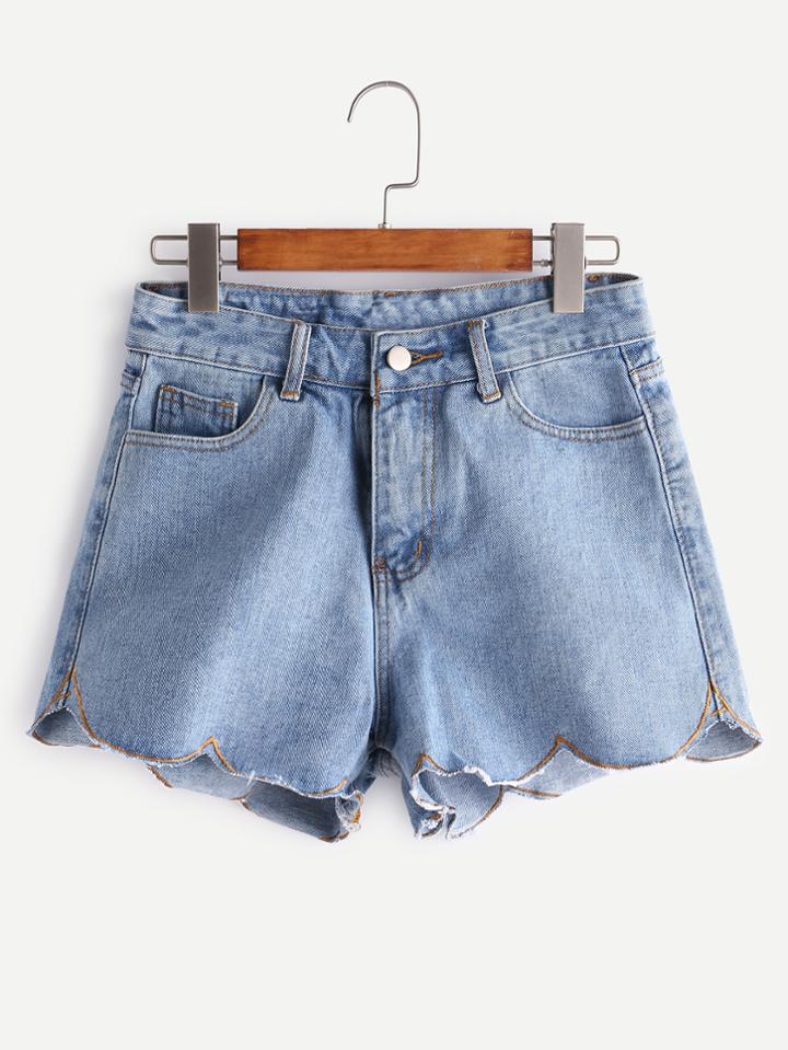 Shein Light Blue Scallop Hem Denim Shorts