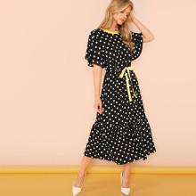 Shein Waist Drawstring Polka Dot Dress