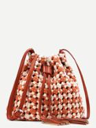 Shein Tassel Detail Two Tone Woven Drawstring Bucket Bag