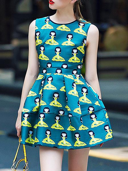 Shein Green Round Neck Sleeveless Character Print Dress