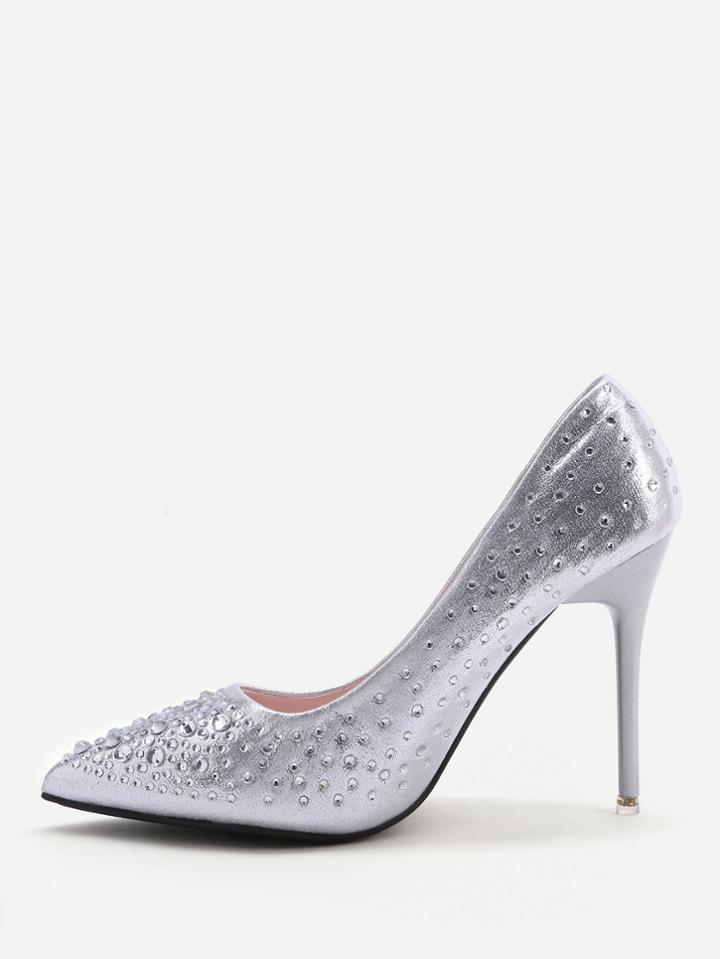Shein Silver Crystal Detail Point Toe High Heels
