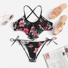 Shein Criss Cross Ruffle Random Pattern Bikini Set