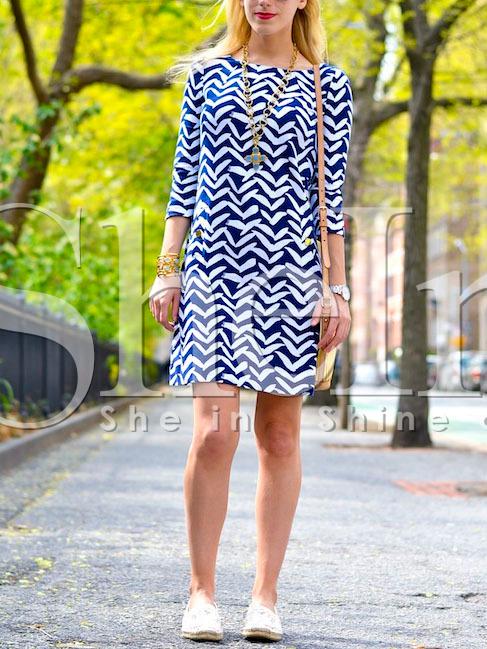 Shein Blue White Print Boat Neck Tunic Dress