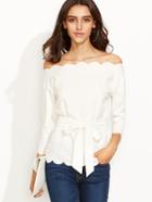 Shein White Belted Scallop Trim Off The Shoulder Top