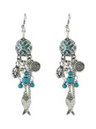 Shein Blue Tibetan Design Enamel Flower Beads Fish Shape Chandelier Earrings