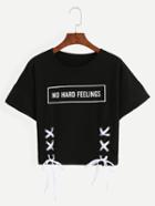 Shein Black Letter Print Lace-up Crop T-shirt
