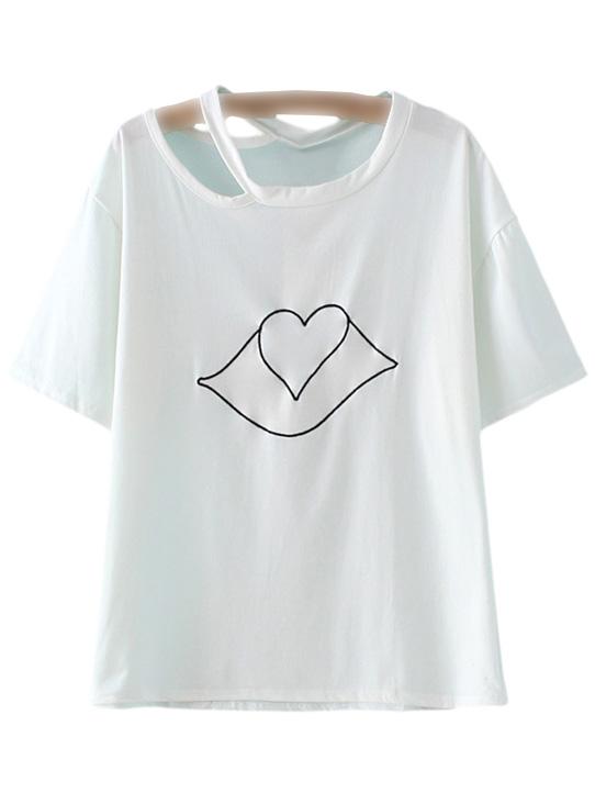 Shein White Short Sleeve Cut Out Lip Heart Printed T-shirt