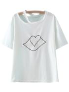 Shein White Short Sleeve Cut Out Lip Heart Printed T-shirt