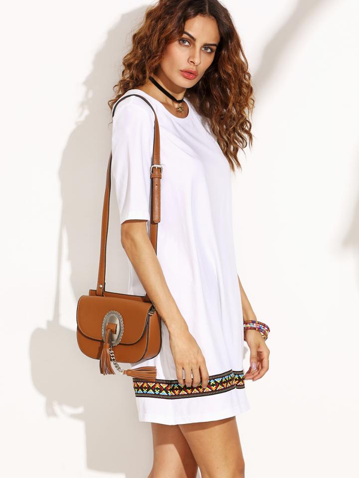Shein White Embroidered Tape Detail Shift Dress