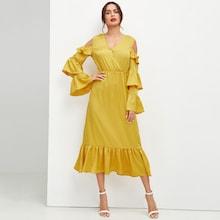 Shein Cold Shoulder Layered Flounce Sleeve Surplice Wrap Dress