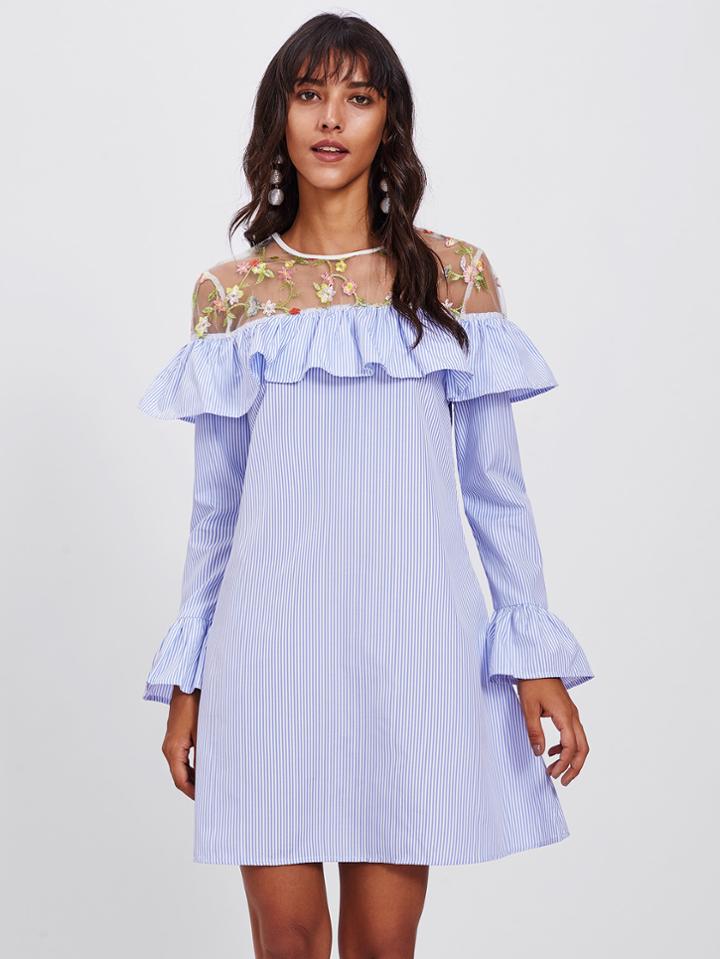 Shein Embroidered Mesh Yoke Flounce Trim Bell Cuff Dress