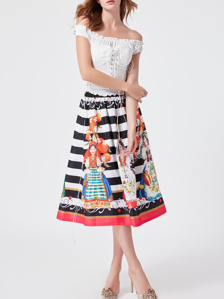 Shein White Off The Shoulder Lace Up Top With Striped Skirt