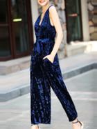 Shein Navy V Neck Velvet Tie-waist Jumpsuits