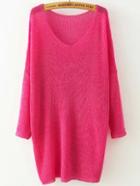 Shein Rose Red V Neck Long Sleeve Knit Loose Sweater