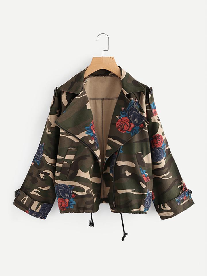 Shein Camo Print Drawstring Hem Floral Jacket