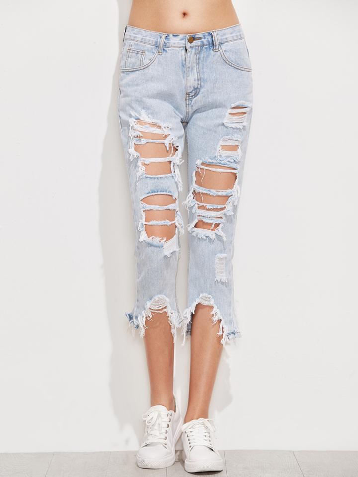 Shein Pale Blue Bleach Wash Frayed Asymmetric Hem Jeans