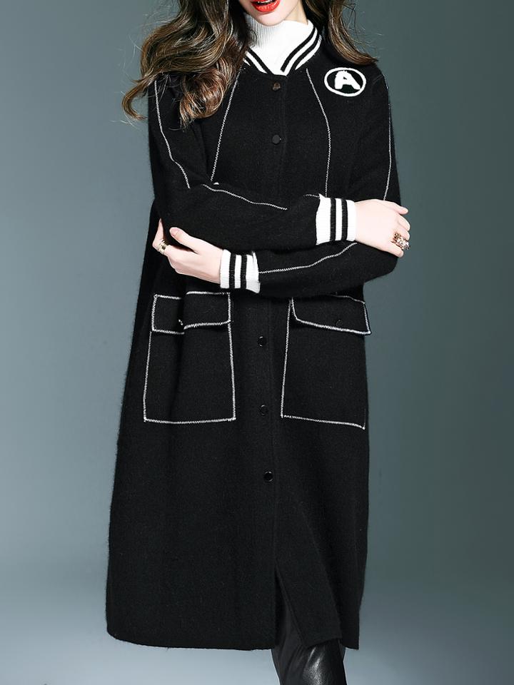 Shein Black Crew Neck Pockets Long Coat
