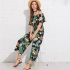 Shein Flounce Foldover Off Shoulder Palazzo Tropical Jumpsuit