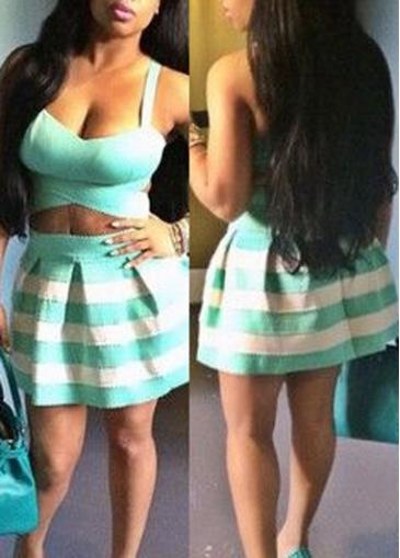 Rosewe Turquoise Crop Top And Stripe Print Mini Skirt